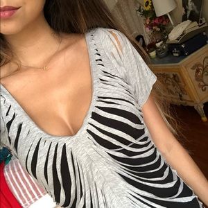 V Neck Black Grey Net Top || M